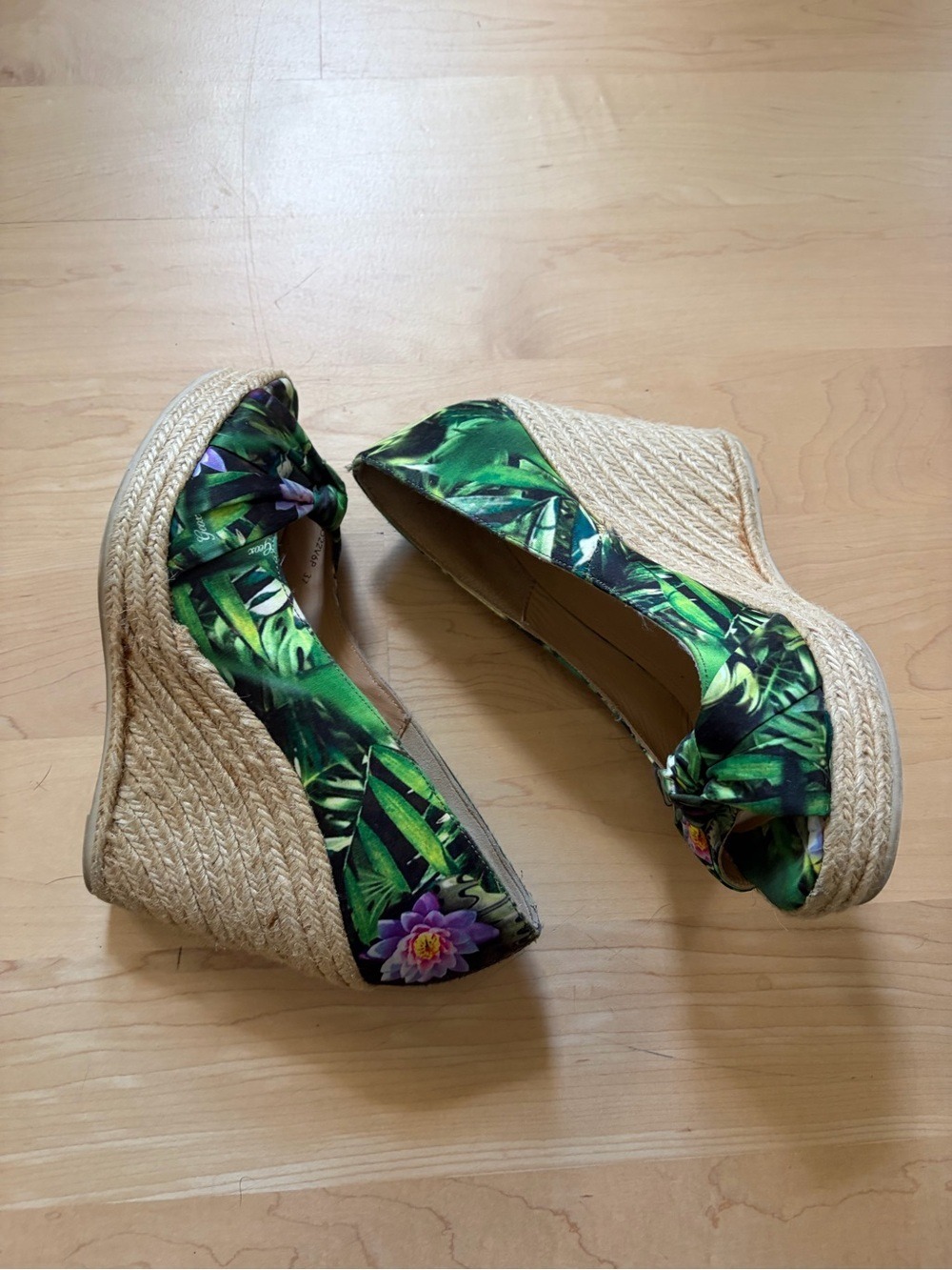 Geox Espadrille Wedge Sandals - Green Tropical Print Sz 37